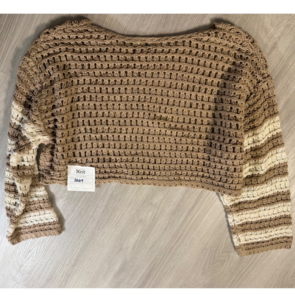 iKnit Women Tan Crochet Knit Cropped Sweater Striped Sleeve Boho Top 3869 NEW - Picture 8 of 9